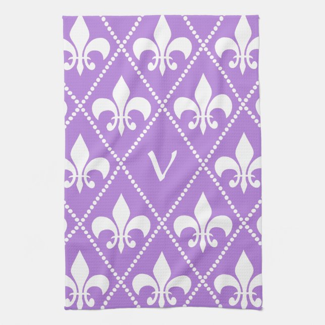 Lavender Fleur de Lis with monogram initial Towel (Vertical)