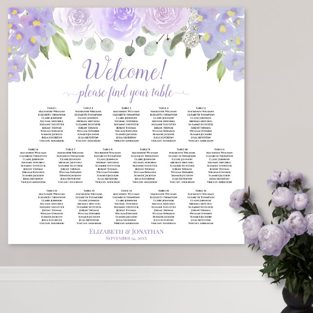 Lavender Floral 16 Table Wedding Seating Chart (In Situ on Wall with Flowers)