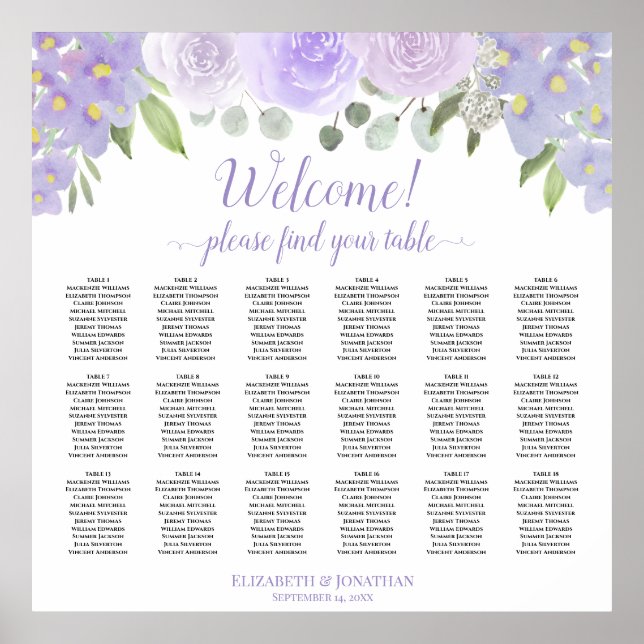 Lavender Floral 18 Table Wedding Seating Chart (Front)