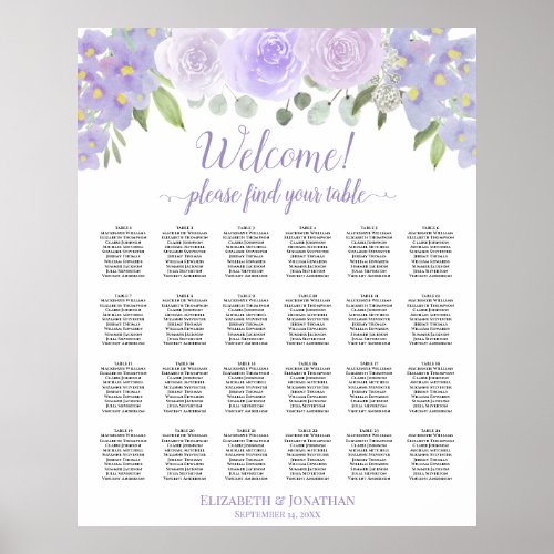 Lavender Floral 24 Table Wedding Seating Chart