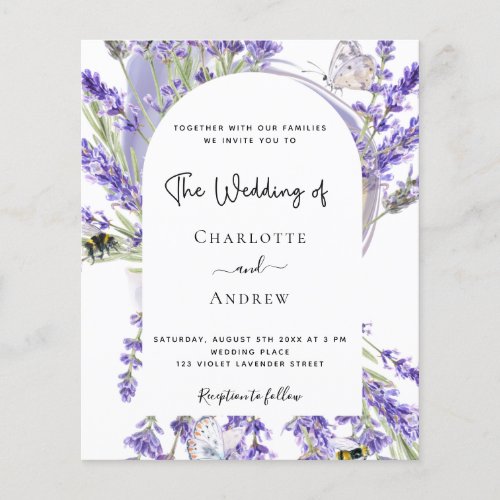 Lavender floral arch budget wedding invitation flyer