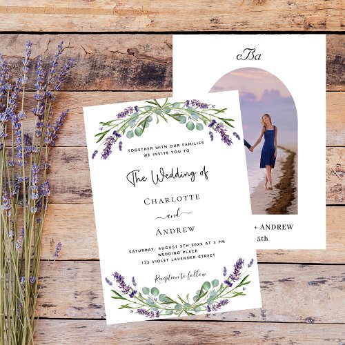 Lavender floral arch photo monogram luxury wedding invitation