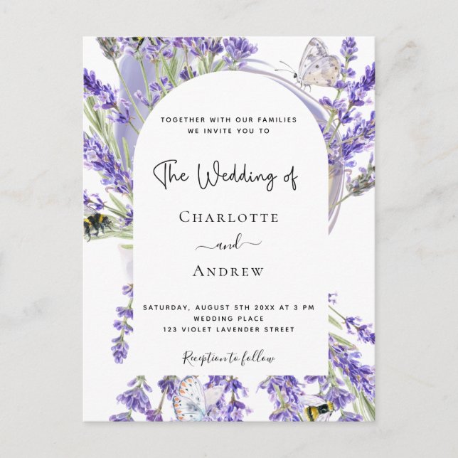 Lavender floral arch white script wedding invitati postcard (Front)