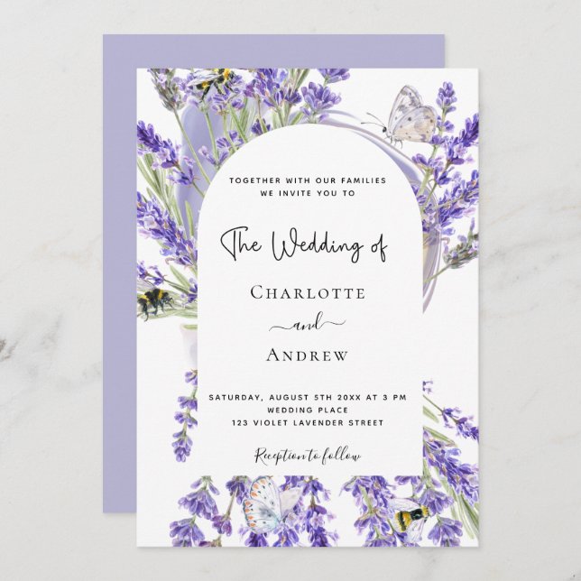 Lavender floral arch white script wedding invitation (Front/Back)