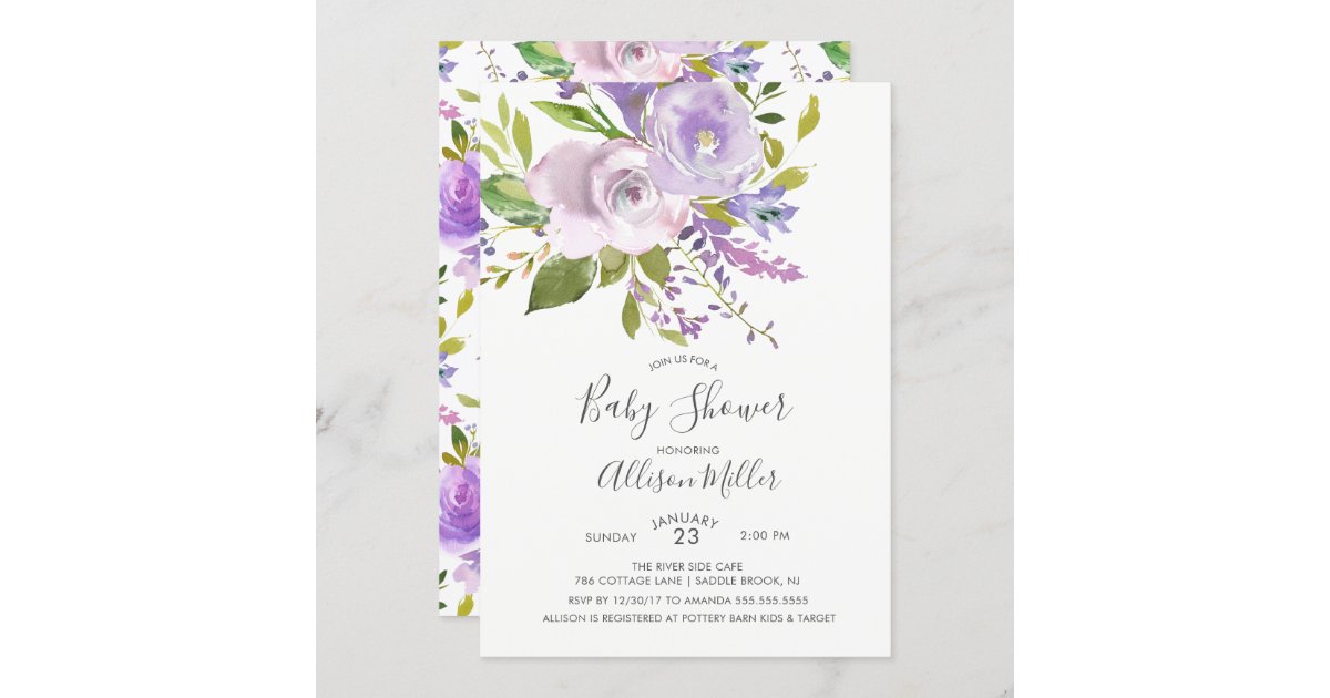 Lavender Baby Shower Invitation, Floral Garden Baby Birthday Invite Ga