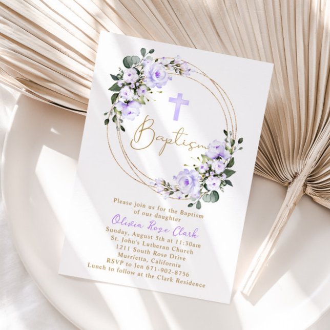 Lavender Floral Baptism Christening Gold Frame Invitation (Creator Uploaded)