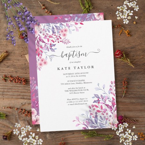 Lavender Floral Baptism Christening Invitation