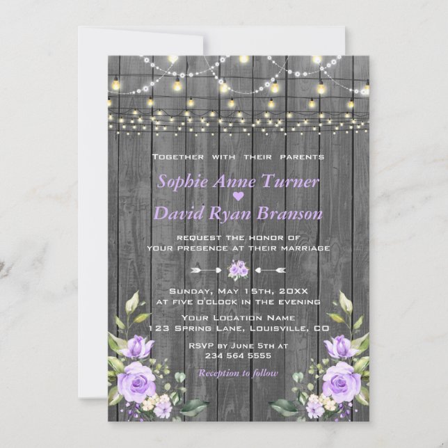 Lavender Floral Barn Wood String Lights Wedding Invitation (Front)