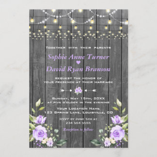 Lavender Floral Barn Wood String Lights Wedding Invitation