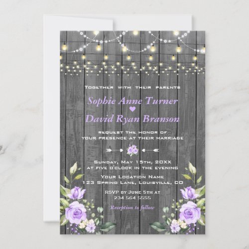 Lavender Floral Barn Wood String Lights Wedding Invitation