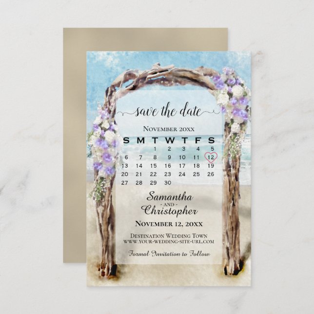 Lavender Floral Beach Arbor & Calendar Wedding Save The Date (Front/Back)