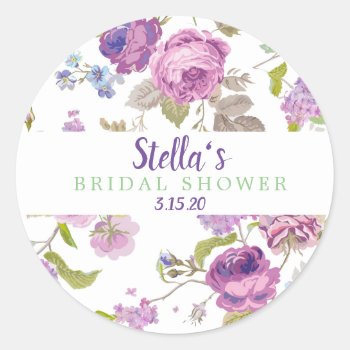 Lavender Floral Birthday Bridal Wedding Classic Round Sticker by ThreeFoursDesign at Zazzle