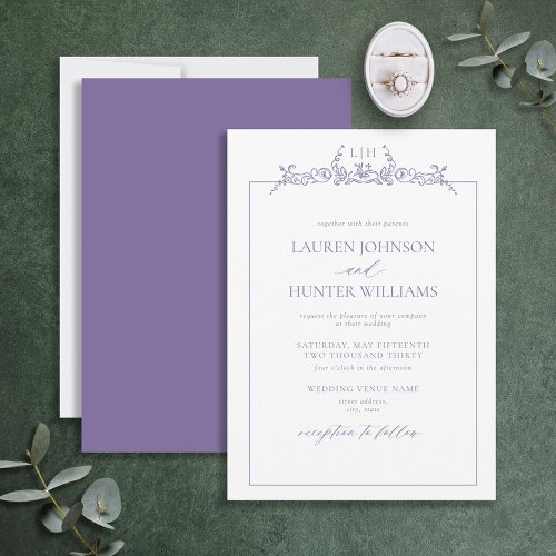 Lavender Floral Border Monogram Wedding Invitation