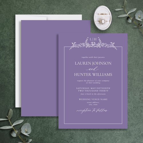 Lavender Floral Border Monogram Wedding Invitation