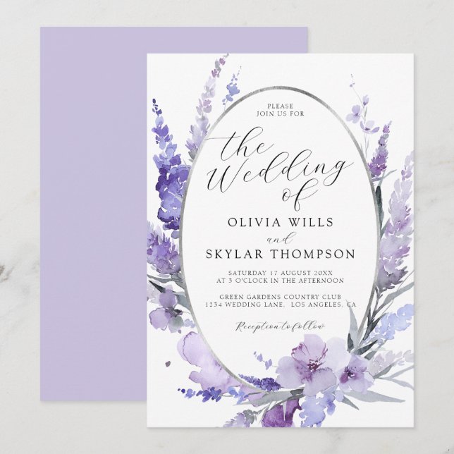 Lavender Floral Botanical Lilac Silver Wedding  Invitation (Front/Back)
