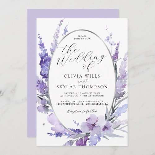 Lavender Floral Botanical Lilac Silver Wedding  Invitation