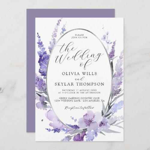 Lavender Floral Botanical Silver Frame Wedding  Invitation