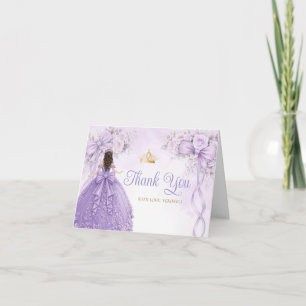 Lavender Floral Bow Ribbon Quinceañera Gold Crown Thank You Card