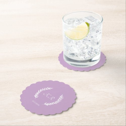 Lavender Floral Bride Groom Initials Wedding  Paper Coaster