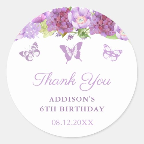 Lavender Floral Butterflies Birthday Party Favor Classic Round Sticker