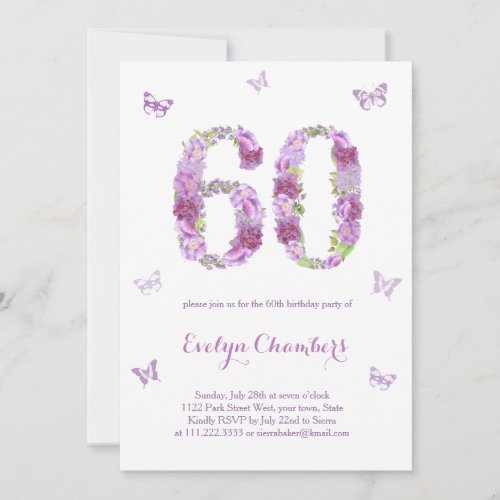 Lavender Floral Butterfly 60th Birthday Party Invitation