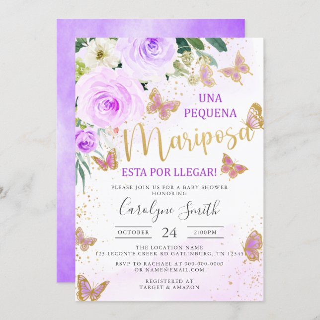 Lavender Floral Butterfly Baby Shower in Spanish Invitation (Front/Back)