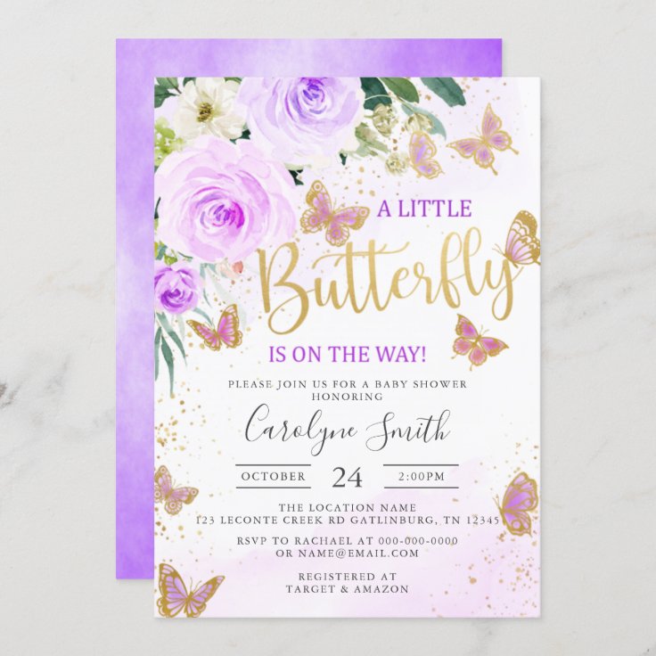 Lavender Floral Butterfly Baby Shower Invitation | Zazzle