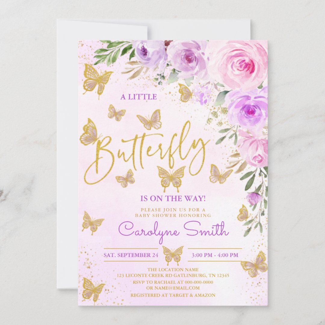 Lavender Floral Butterfly Baby Shower Invitation | Zazzle