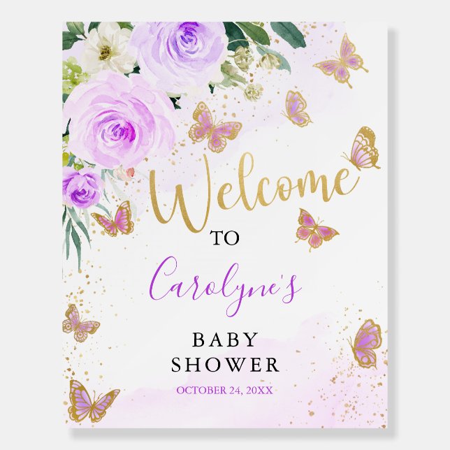 Lavender Floral Butterfly Baby Shower Welcome Sign (Front)