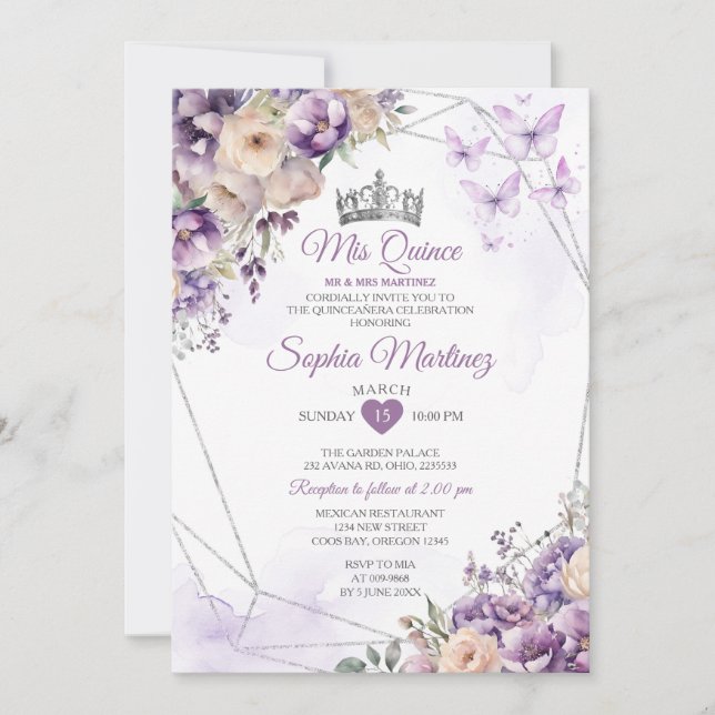 Lavender Floral Butterfly Purple Mis Quince Invitation (Front)