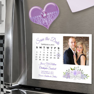 Lavender Floral Calendar & Photo Save the Date Magnetic Invitation