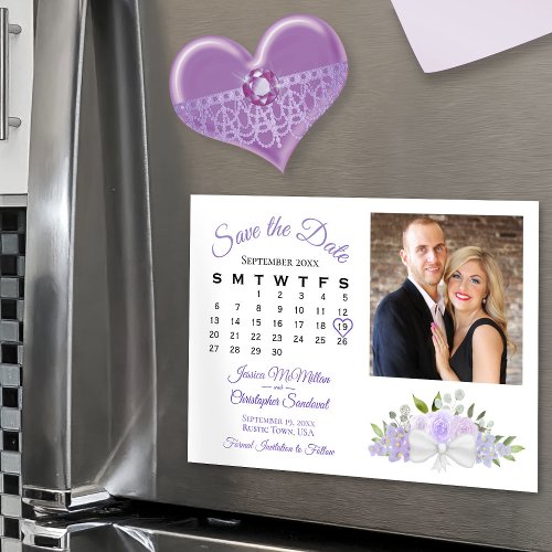 Lavender Floral Calendar  Photo Save the Date Magnetic Invitation