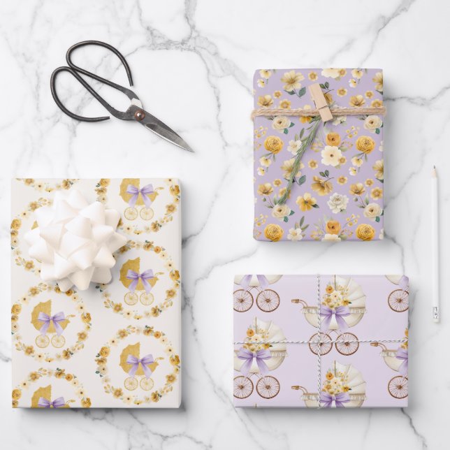 Lavender Floral Carriage Baby Shower Gift Wrap Set (Front)