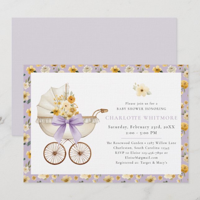 Lavender Floral Carriage Baby Shower Invite (Front/Back)