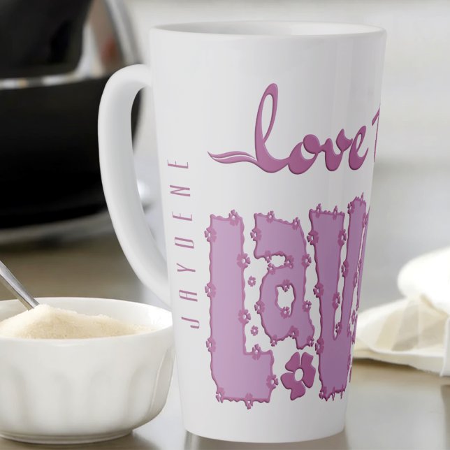 Lavender Floral Chunky Text Slogan With Name Latte Mug (Customize it with any name printed vertically down the side for a unique, one-of-a-kind feel. )