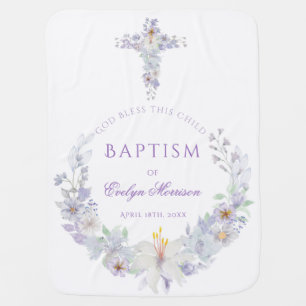 Lavender Floral Cross Baptism Baby Blanket