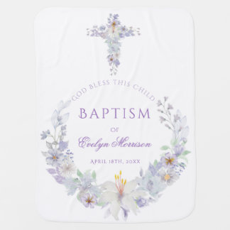 Lavender Floral Cross Baptism Baby Blanket