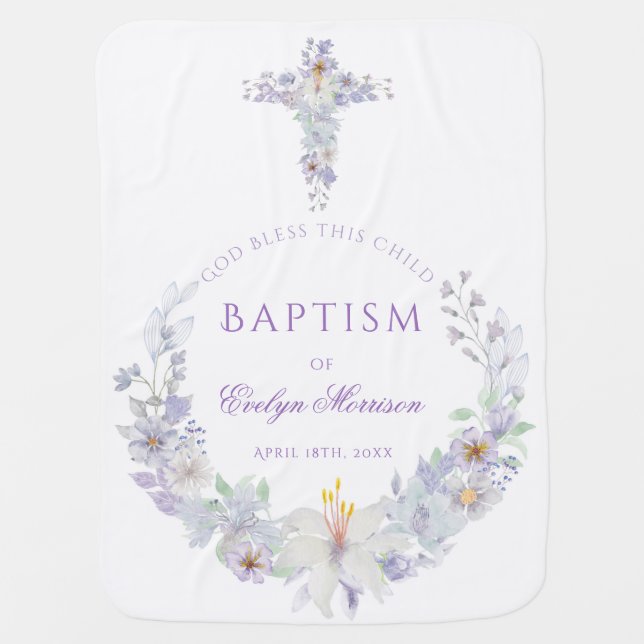 Lavender Floral Cross Baptism Baby Blanket (Front)