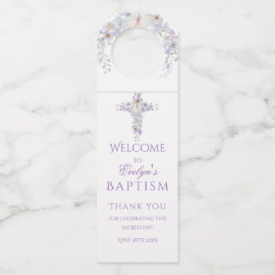 Lavender Floral Cross Baptism Door Hanger Tag