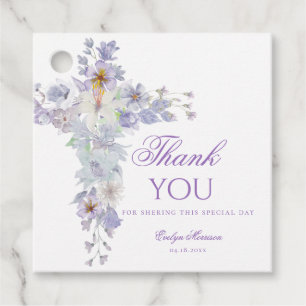 Lavender Floral Cross Baptism Favor Tag