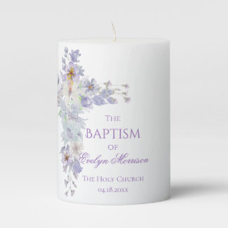 Lavender Floral Cross Baptism Pillar Candle