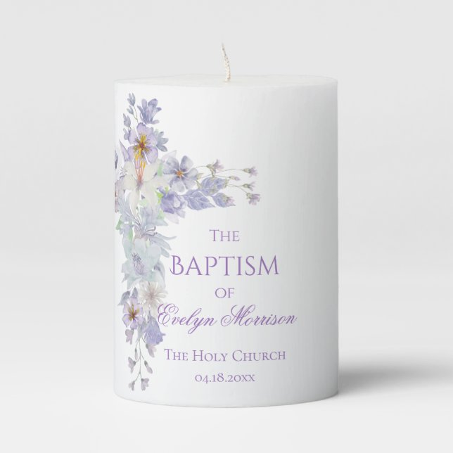 Lavender Floral Cross Baptism Pillar Candle (Front)