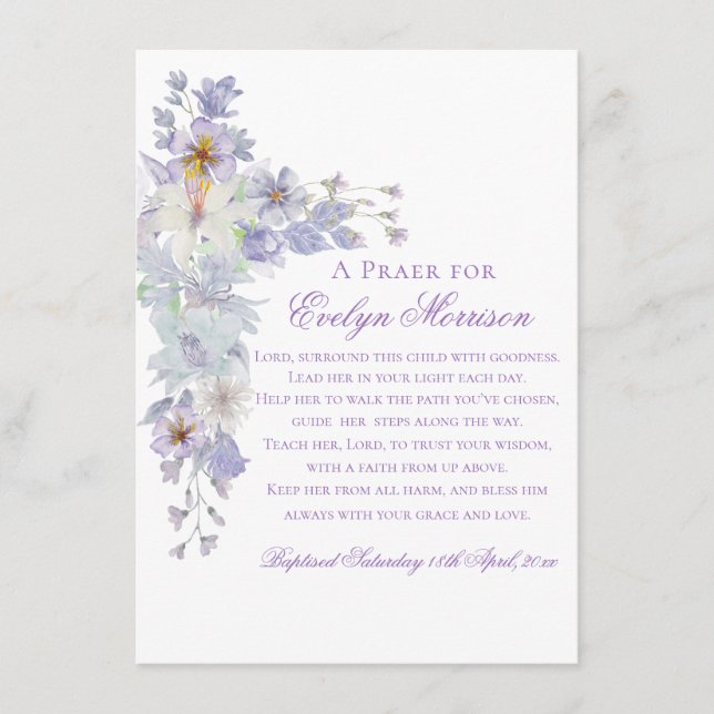 Lavender Floral Cross Baptism Prayer Card (Front)