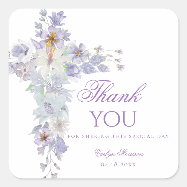 Lavender Floral Cross Baptism Sticker (Front)