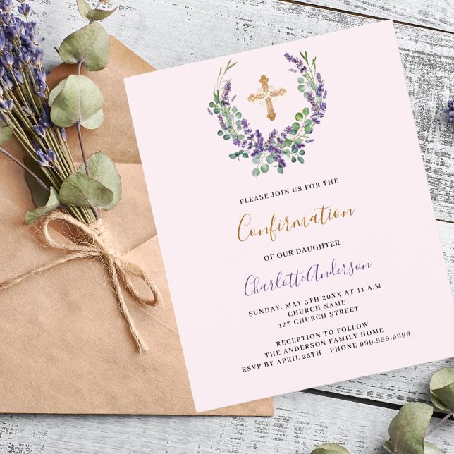 Lavender floral cross Confirmation invitation (Creator Uploaded)
