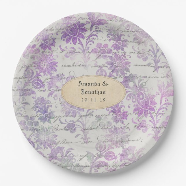 Lavender Floral Damask Wedding Paper Plates (Front)