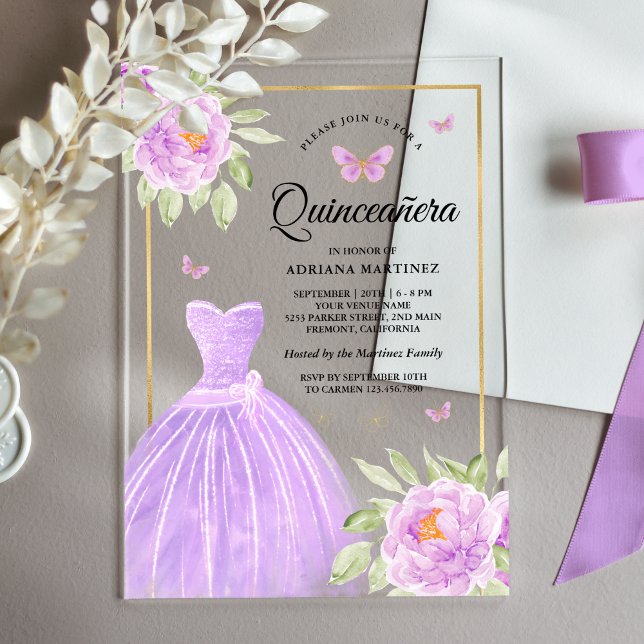 Lavender Floral Dress Butterfly Gold Quinceanera Acrylic Invitations (Creator Uploaded)