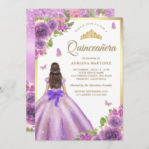 Lavender Floral Dress Butterfly Gold Quinceanera Invitation