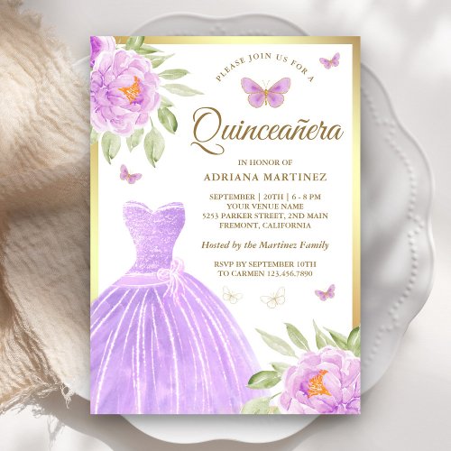 Lavender Floral Dress Butterfly Gold Quinceanera Invitation