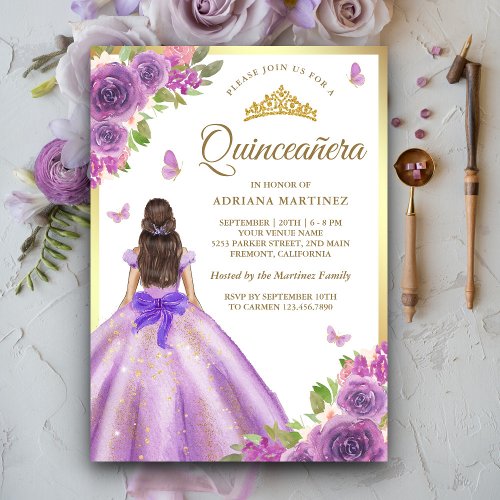 Lavender Floral Dress Butterfly Gold Quinceanera Invitation